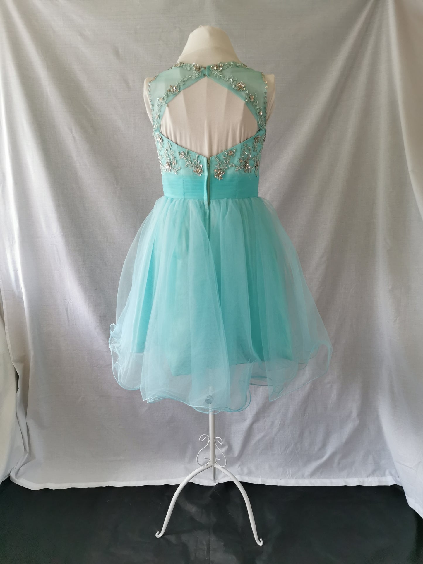 Turquoise Knee Length Dress with Crystals and Open Back
