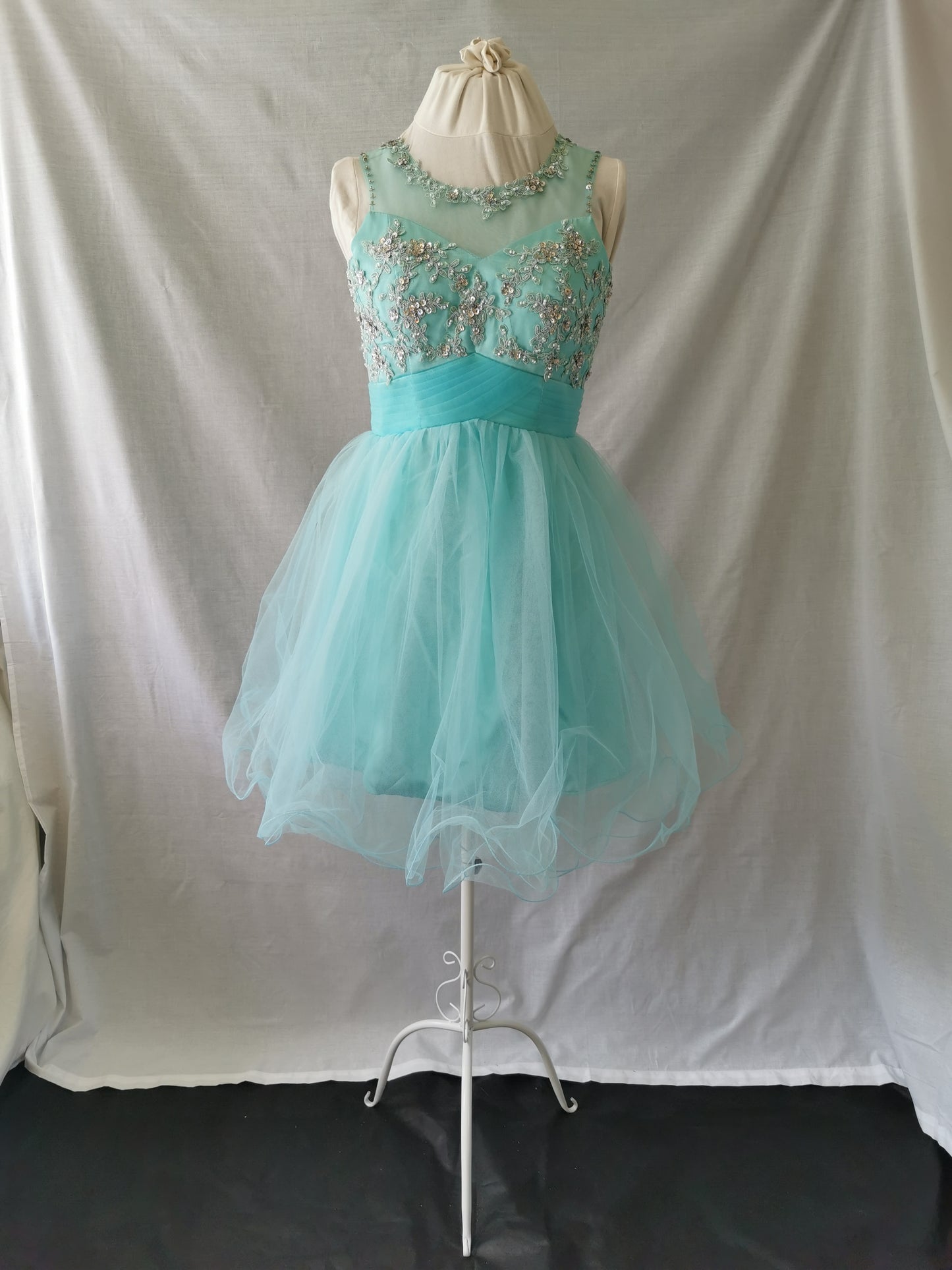 Turquoise Knee Length Dress with Crystals and Open Back